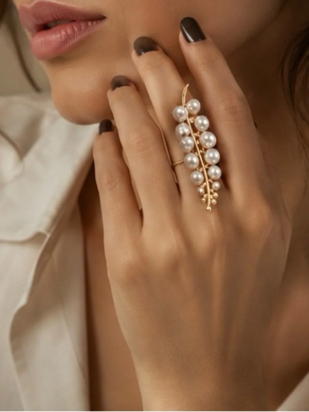 Gold Pearl Vine Statement Ring - Elegant White Pearl Fashion Ring